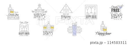 Cocktail Bar Happy Hour Promotion Sign Design Template Vector Set 114583311