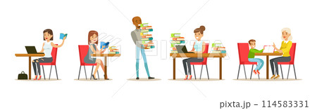 People Character at Library and Bookstore with Books Vector Set 114583331