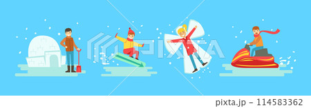 People Character as Winter Holiday Having Fun Outdoors Vector Set 114583362