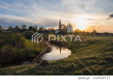 Morning landscape, sunrise on the river with monastery. 114583717