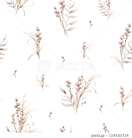 Watercolor seamless pattern floral delicate pastel vintage green violet pink brown bouquet. Hand drawn illustration isolated on white background. Flower and herb summer composition for textile. Watercolor seamless pattern floral delicate pastel vintage green violet pink brown bouquet. Hand drawn illustration isolated on white background. Flower and herb summer composition for textile. 114583724