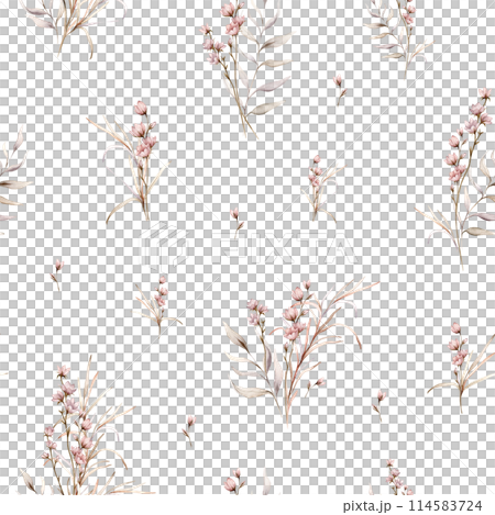 Watercolor seamless pattern floral delicate pastel vintage green violet pink brown bouquet. Hand drawn illustration isolated on white background. Flower and herb summer composition for textile. 114583724