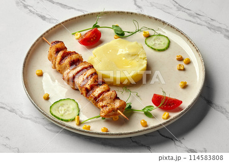 Grilled chicken skewers with mashed potatoes for kids Grilled chicken skewers with mashed potatoes for kids 114583808