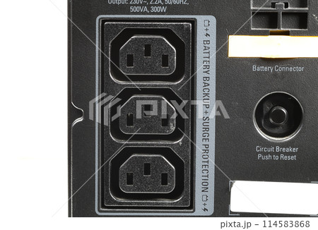 Electricity sockets IEC 60320 C13 on back of UPS. 114583868