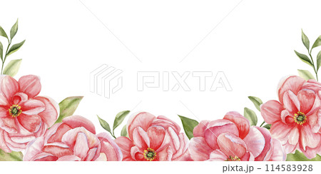 Pink blooming peonies with green leaves watercolor banner. Card template, floral background for flower shop, wedding invitation, mother's day card design. Spring romantic flowers Pink blooming peonies with green leaves watercolor banner. Card template, floral background for flower shop, wedding invitation, mother's day card design. Spring romantic flowers 114583928