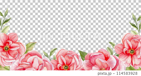 Pink blooming peonies with green leaves watercolor banner. Card template, floral background for flower shop, wedding invitation, mother's day card design. Spring romantic flowers Pink blooming peonies with green leaves watercolor banner. Card template, floral background for flower shop, wedding invitation, mother's day card design. Spring romantic flowers 114583928