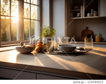 Flowers on wooden tabletop of modern kitchen interior. Cozy fashionable kitchen decor. White aesthetic kitchen interior details and decor. Empty table with copy space. 114584022