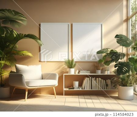 Mock up two picture frame in living room interior with urban jungle. Two white vertical empty picture frame on wall in scandinavian and boho style room interior with many natural potted plants 114584023