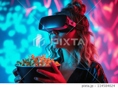 Millenial girl in vr-glass hold popcorn in neon lights. Young woman watching movie in vr-glass. 114584024