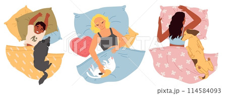 Set of cartoon relaxed people sleeping with pets in bed Set of cartoon relaxed people sleeping with pets in bed 114584093