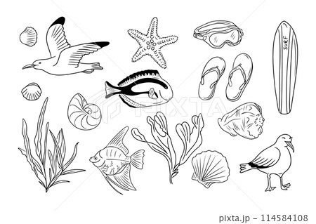 Summer doodle outline set with underwater items and sea animals. Clipart of sketchy contour illustrations isolated on white background. Monochrome seaside vacation outline stickers 114584108