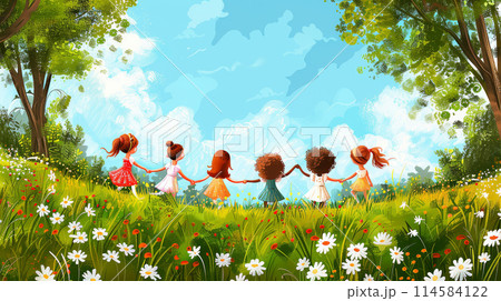 Illustration of Children Holding Hands in a Flower Field - Friendship and Joy Concept 114584122