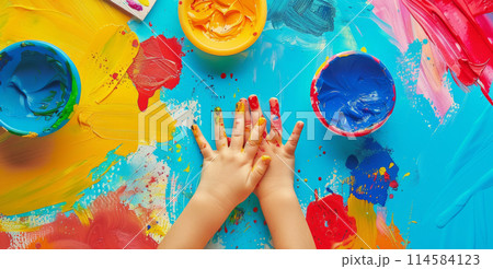 Colorful Children Finger Painting with Paints and Handprints - Creativity and Learning Concept Colorful Children Finger Painting with Paints and Handprints - Creativity and Learning Concept 114584123