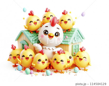 3d cheerful yellow cartoon chickens with a hen, on a white background 3d cheerful yellow cartoon chickens with a hen, on a white background 114584129