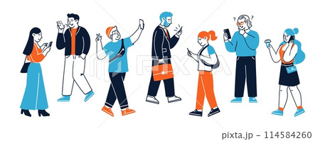 Set of different people characters using smartphone on walk Set of different people characters using smartphone on walk 114584260