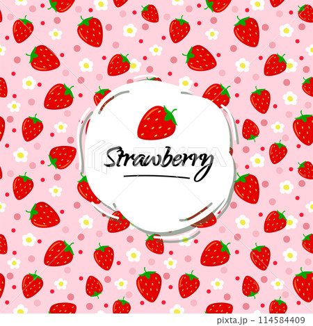 Seamless pattern with Bright red strawberries and strawberry flower on background. 114584409