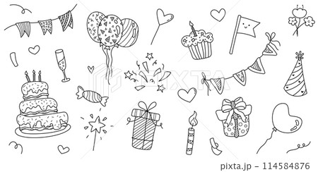 Hand drawn doodle Happy Birthday and party set 114584876