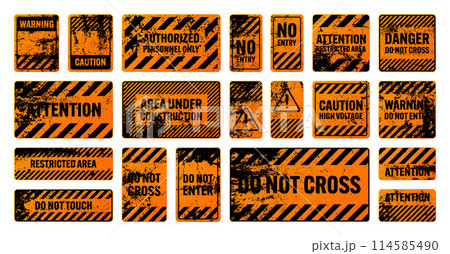 Orange grunge warning signs with diagonal lines. Old attention, danger or caution sign, construction site signage. Realistic notice signboard, warning banner, road shield. Vector illustration 114585490