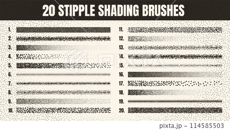 Stipple scatter brush, ink drawing and texturing. Fading gradient. Stippling, dotwork drawing, shading using dots. Halftone disintegration effect. White noise grainy texture. Vector illustration Stipple scatter brush, ink drawing and texturing. Fading gradient. Stippling, dotwork drawing, shading using dots. Halftone disintegration effect. White noise grainy texture. Vector illustration 114585503