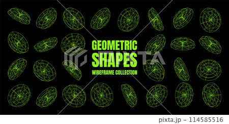 Wireframe lined shapes. Perspective mesh, 3d grid. Low poly geometric elements. Retro futuristic design elements, y2k, vaporwave and synthwave style. Vector illustration Wireframe lined shapes. Perspective mesh, 3d grid. Low poly geometric elements. Retro futuristic design elements, y2k, vaporwave and synthwave style. Vector illustration 114585516