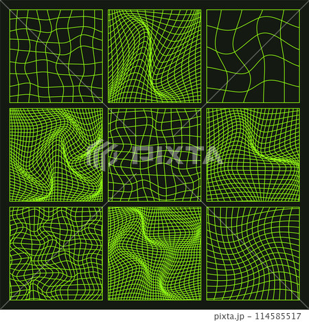 Wireframe shapes, lined perspective mesh, 3d grid. Low poly geometric elements. Retro futuristic design elements, y2k, vaporwave and synthwave style. Vector illustration Wireframe shapes, lined perspective mesh, 3d grid. Low poly geometric elements. Retro futuristic design elements, y2k, vaporwave and synthwave style. Vector illustration 114585517