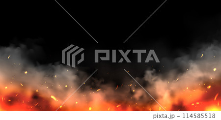 Realistic smoke clouds and fire on black background. Flame blast, explosion. Stream of smoke from burning objects. Forest fires. Transparent fog effect. White steam, mist. Vector design element. 114585518
