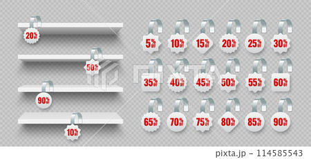 Store shelves with supermarket promotional wobblers. Product shelf and advertising wobbler with percent discount. Grocery wall rack. Sale label, special offer price tag. Vector illustration 114585543