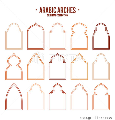 Islamic frames, oriental style objects. Arabic shapes, windows and arches. Traditional ornamental banner, frame. Muslim holidays, Ramadan Kareem. Modern eastern architecture. Vector illustration 114585559