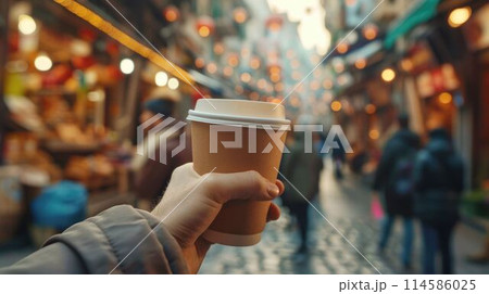 The close up picture of person holding the cup of hot coffee on street. AIG43. The close up picture of person holding the cup of hot coffee on street. AIG43. 114586025