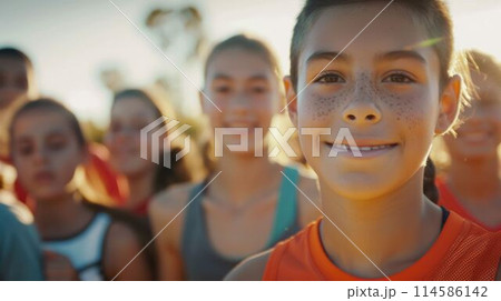 The close up teenager athlete standing with their parent to exercising. AIG43. 114586142