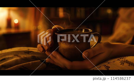 The close up picture of the person holding cup of coffee in living room. AIG43. 114586237