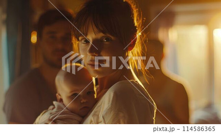 Caucasian family that mother is holding newborn baby in the hand and arm. AIG43. 114586365