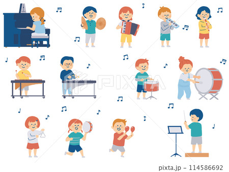 音楽室の楽器を演奏する小学生のイラスト 114586692