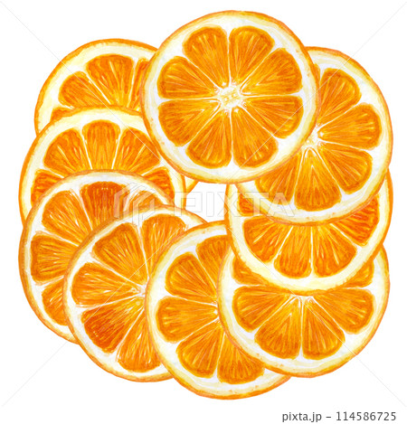 Orange fruit, mandarine slice watercolor wreath isolated on white background. High quality hand drawn art for food design, packages, restaurant menu, natural organic food, label, logo and decor 114586725