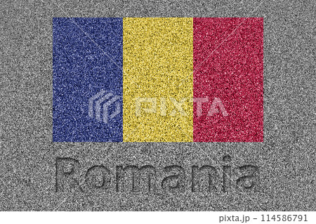 石板の上に描かれたルーマニアの国旗と、掘ったような「Romania」の文字 石板の上に描かれたルーマニアの国旗と、掘ったような「Romania」の文字 114586791