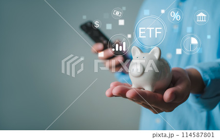 Man shows piggy bank Represents investment growth and shows icons of ETF Exchange traded fund stock market trading investment financial concept, Investment Opportunities in Mutual Funds and ETFs. 114587801