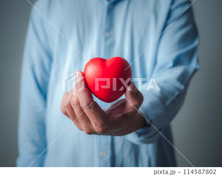 Heart in left hand. Man holding heart shape toy and while standing against grey background, Cardiology, health planning, insurance healthcare and medical concept. Heart in left hand. Man holding heart shape toy and while standing against grey background, Cardiology, health planning, insurance healthcare and medical concept. 114587802