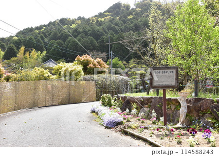 滋賀県蒲生郡　日野ダリア園案内板と正法寺山と新緑 114588243
