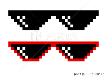 Pixelated Sunglasses Set. Pixel Boss Glasses, 8 bit Style. Meme Game 8-bit Sunglasses Design Template, Isolated Pixelated Sunglasses Set. Pixel Boss Glasses, 8 bit Style. Meme Game 8-bit Sunglasses Design Template, Isolated 114588513