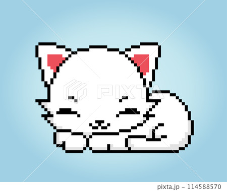 Pixel 8 bit white cat. Animals for game assets in vector illustration. 114588570