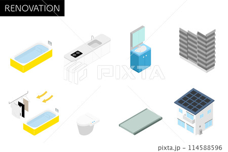 住宅リフォーム、システムバス・システムキッチン・太陽光発電など、アイソメトリックイラスト 住宅リフォーム、システムバス・システムキッチン・太陽光発電など、アイソメトリックイラスト 114588596