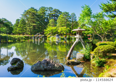 春の兼六園 徽軫灯籠(ことじとうろう)と霞ヶ池 春の兼六園 徽軫灯籠(ことじとうろう)と霞ヶ池 114588624