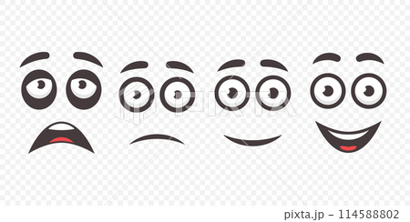 Vector Cartoon Faces Illustrations. Expressive Eyes and Mouth. Funny and Cute Character Face Expressions, Icon Set. Caricature Comic Emotions Closeup Isolated 114588802