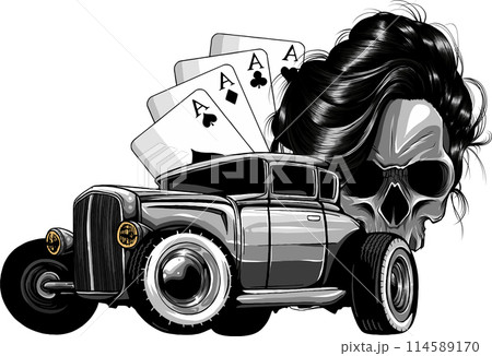 Vector illustration of Monochrome skull with hot rod and poker aces on white background Vector illustration of Monochrome skull with hot rod and poker aces on white background 114589170