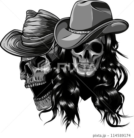 vector illustration of couple Skulls cowboy monochrome on white background 114589174