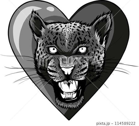 monochrome Black and white leopard head on heart vector illustration. 114589222