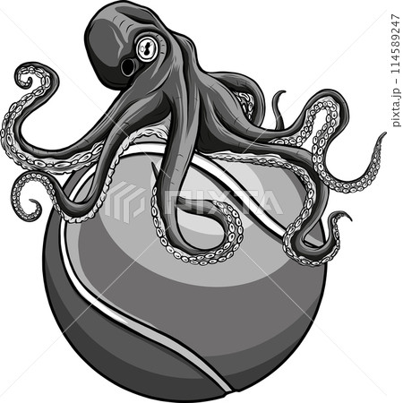 Monochrome octopus sitting on tennis ball icon. 114589247