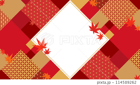 和文様×紅葉したモミジのフレーム素材（横向き16:9） 114589262