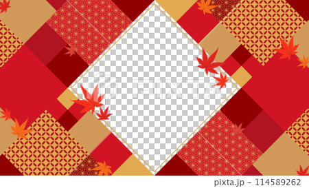 和文様×紅葉したモミジのフレーム素材（横向き16:9） 114589262