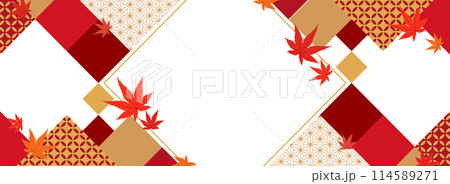 和文様×紅葉したモミジのフレーム素材（バナー向け横長） 114589271